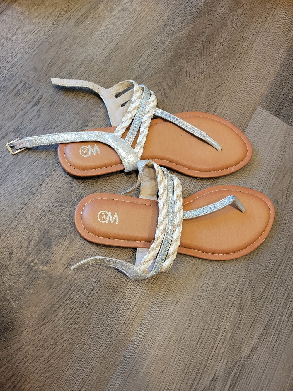 Women’s Metallic Silver Braided T-Strap Sandals